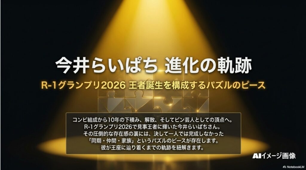 今井らいぱちさんの進化の軌跡を表現した、R-1グランプリ2026王者誕生を構成するパズルのピースのイメージ画像