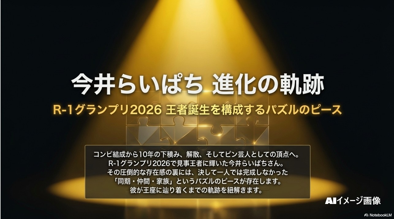 今井らいぱちさんの進化の軌跡を表現した、R-1グランプリ2026王者誕生を構成するパズルのピースのイメージ画像