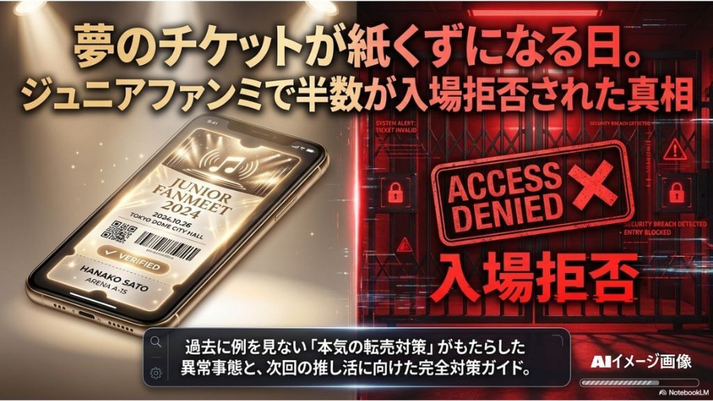 ジュニアファンミの入場拒否を象徴するスマホチケットと、アクセス拒否されたゲートのイメージ画像。