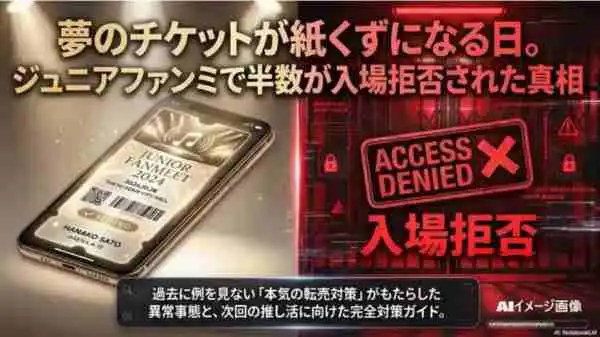 ジュニアファンミの入場拒否を象徴するスマホチケットと、アクセス拒否されたゲートのイメージ画像。