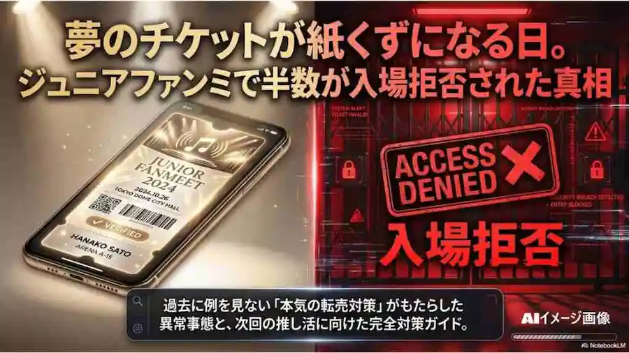 ジュニアファンミの入場拒否を象徴するスマホチケットと、アクセス拒否されたゲートのイメージ画像。