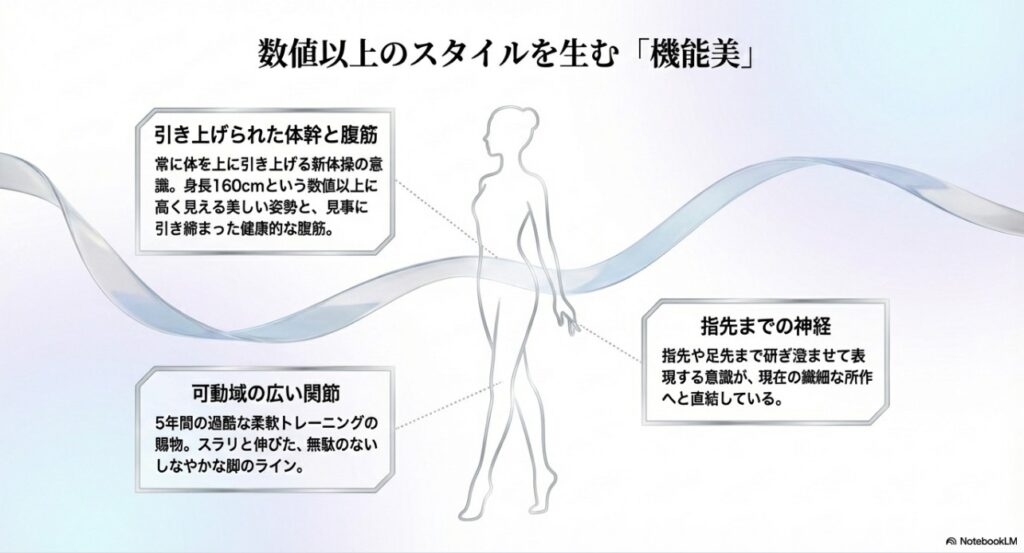 上坂樹里の数値以上のスタイルを生む機能美(体幹、柔軟性、指先の意識)の解説図