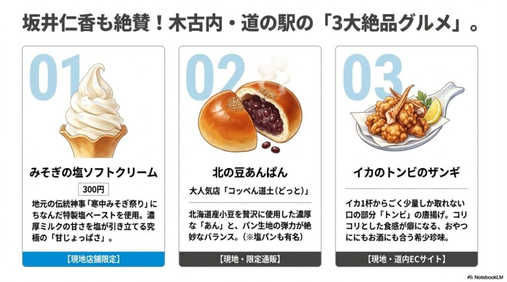 道の駅みそぎの郷きこないの人気グルメである塩ソフト・あんぱん・イカザンギの紹介図