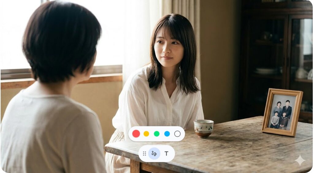 リビングで母と語らいながら家族の写真を見つめる若い女性