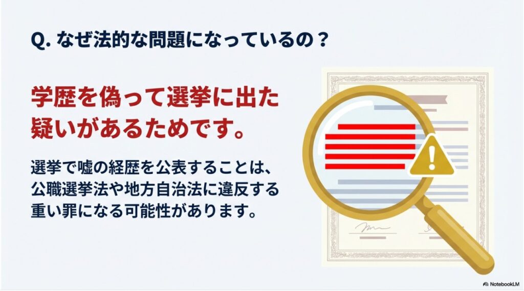 学歴を偽って選挙に出た疑いと法的な問題について解説する画像