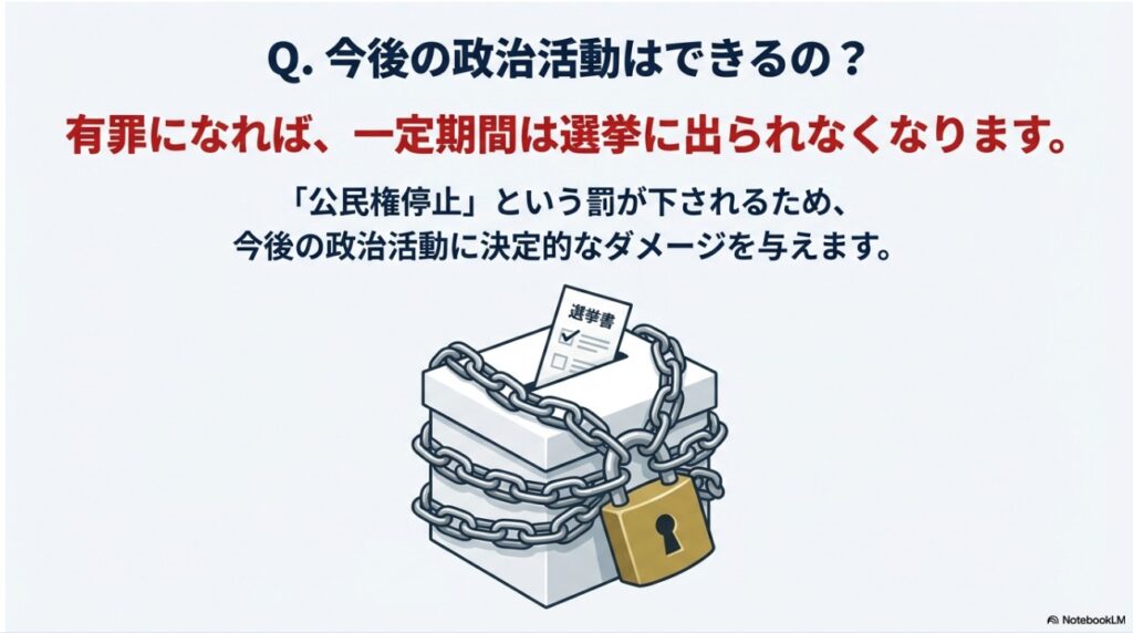 有罪判決による公民権停止と将来の政治活動への影響を説明する画像