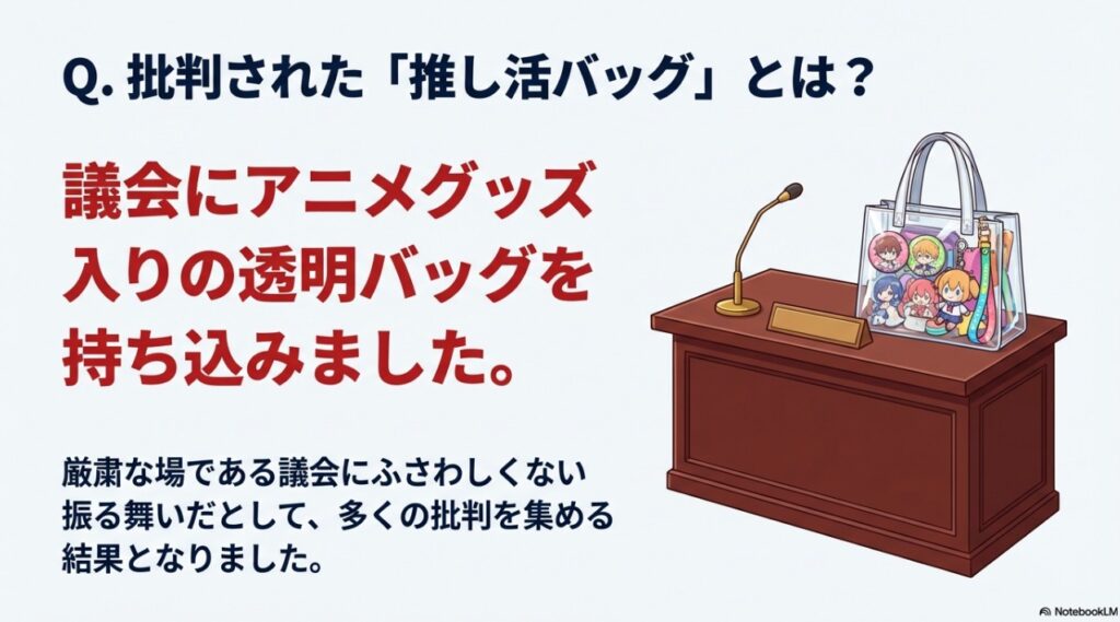 議会に持ち込まれたアニメグッズ入りの透明な推し活バッグの解説画像