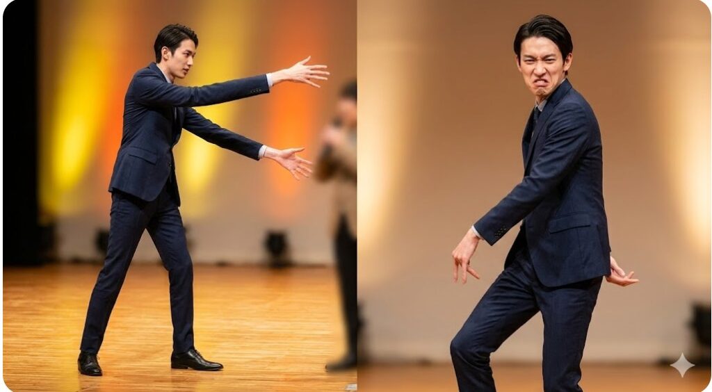 186cmの身長を活かしてダイナミックな動きでコントを披露する岡田真輝志さん