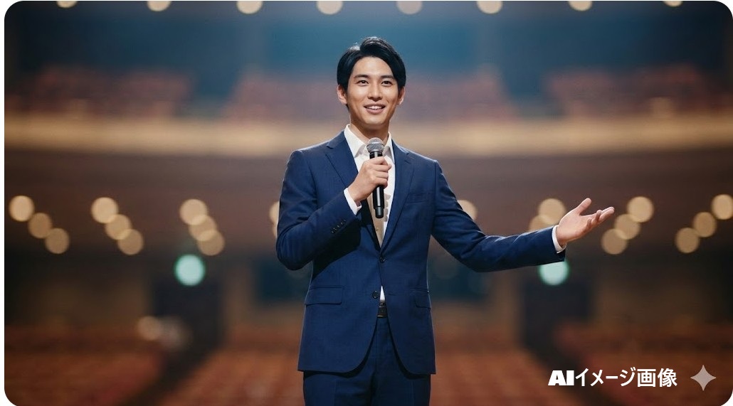 R-1グランプリのステージでマイクを持ち笑顔を見せる岡田真輝志さん
