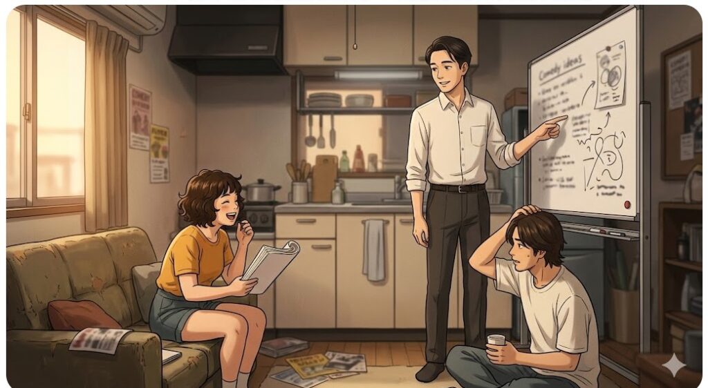 ルームシェア仲間とネタ作りを行うクリエイティブな様子をイメージしたイラスト