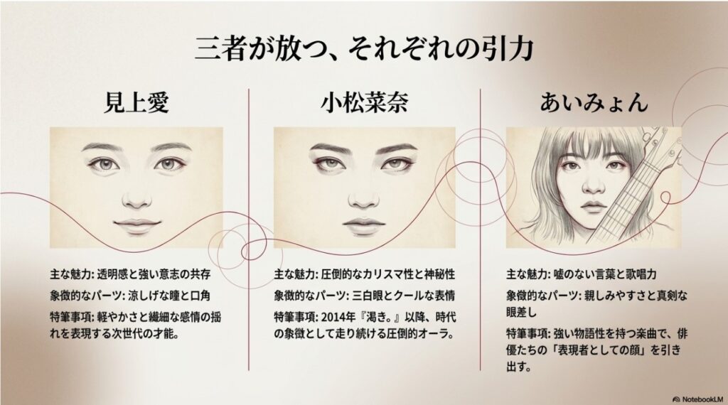 見上愛、小松菜奈、あいみょんそれぞれの引力。主な魅力、象徴的なパーツ、特筆事項の比較イラスト。