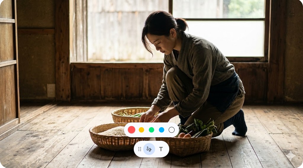 新潟の古い民家で農産物を整理し働く日本人女性