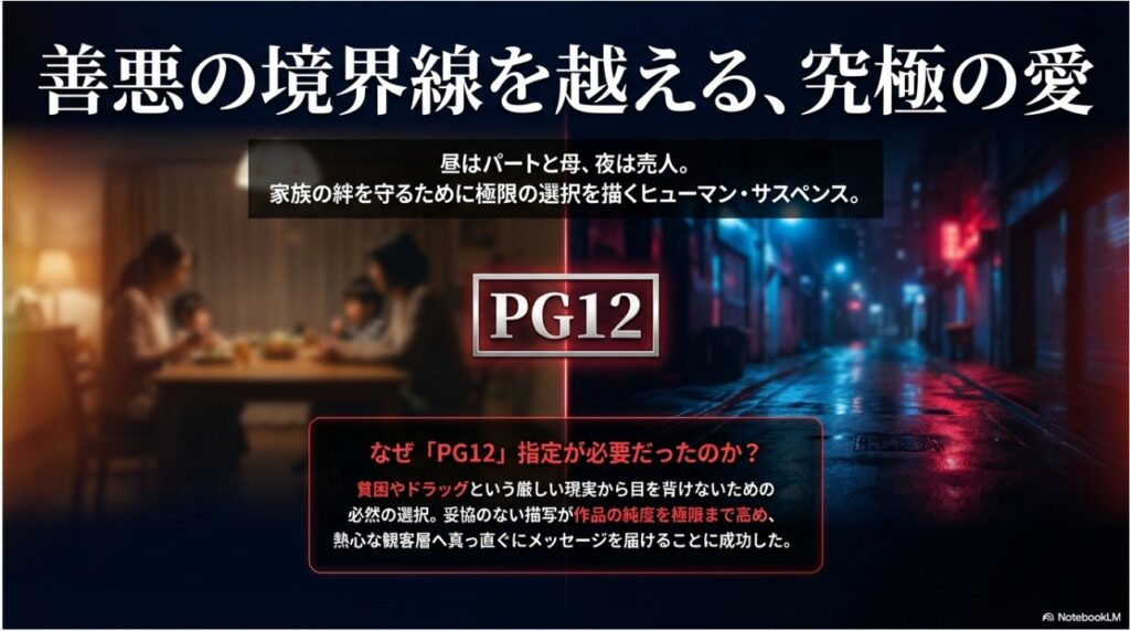 映画『ナイトフラワー』のあらすじとPG12指定の理由を説明する図解
