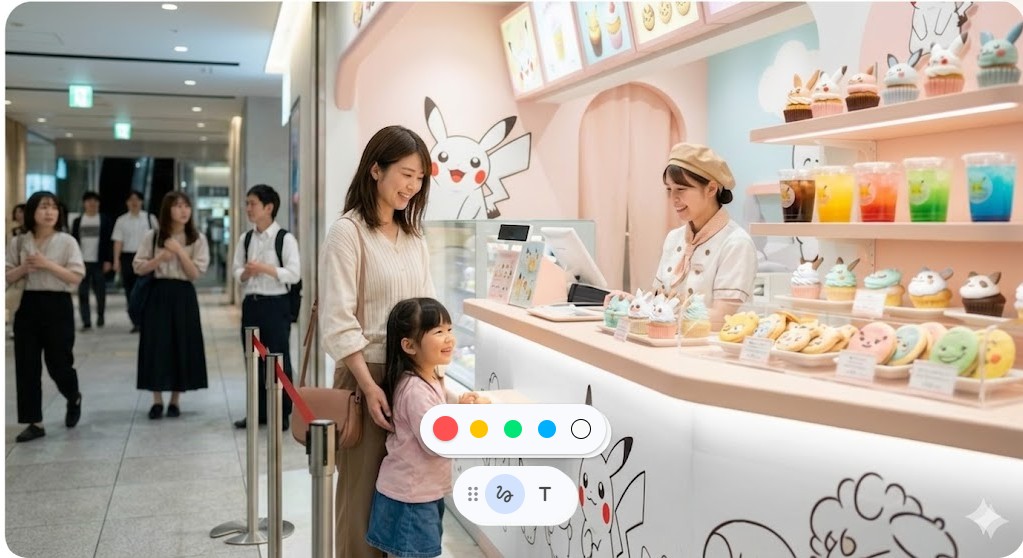 ピカチュウスイーツ by ポケモンカフェの可愛らしい店内で注文をする日本人女性と子供