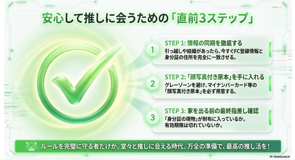 情報同期、顔写真原本の準備、直前指差し確認の「直前3ステップ」をまとめたチェックリストのイメージ。