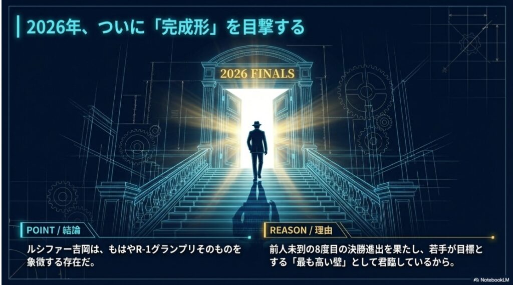 2026年R-1グランプリ決勝で完成形を目撃するルシファー吉岡のイメージ