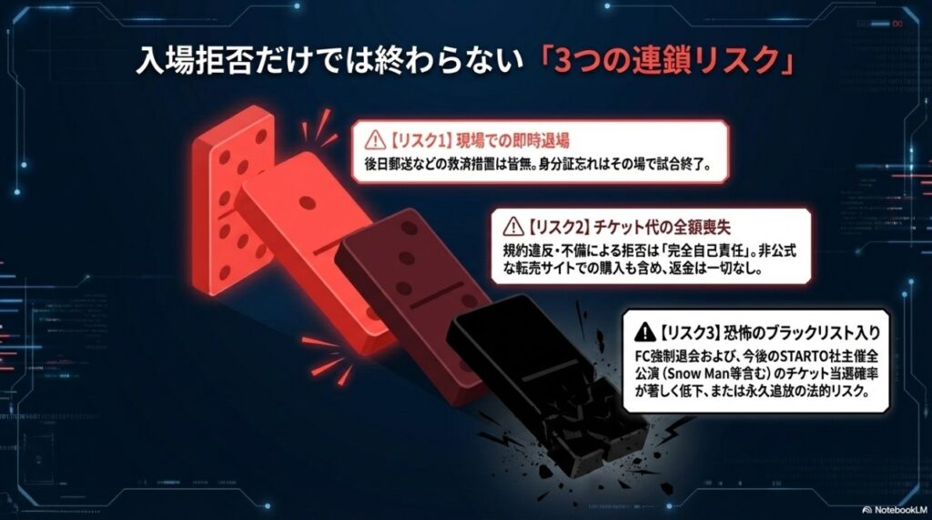 現場退場、全額喪失、ブラックリスト入りという3つの連鎖リスクを倒れるドミノで表現したイメージ。