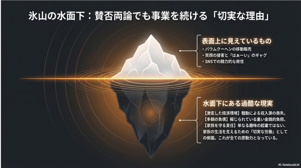 表面上の活動と水面下にある過酷な現実(負債・家族への責任)を示す氷山の図