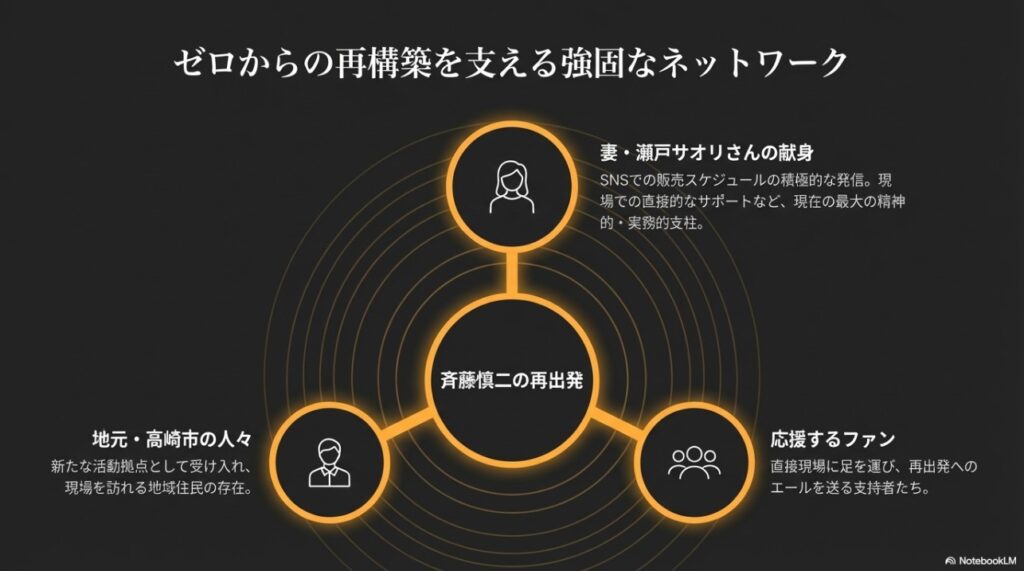 妻の瀬戸サオリ、地元住民、ファンによる斉藤慎二の再起を支えるネットワーク図