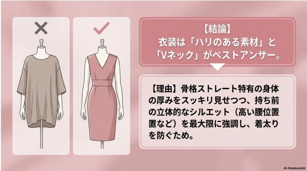 骨格ストレートに似合うハリのある素材とVネックの衣装比較