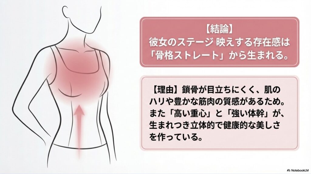 骨格ストレートタイプの立体的な身体構造と健康的な美しさの解説図
