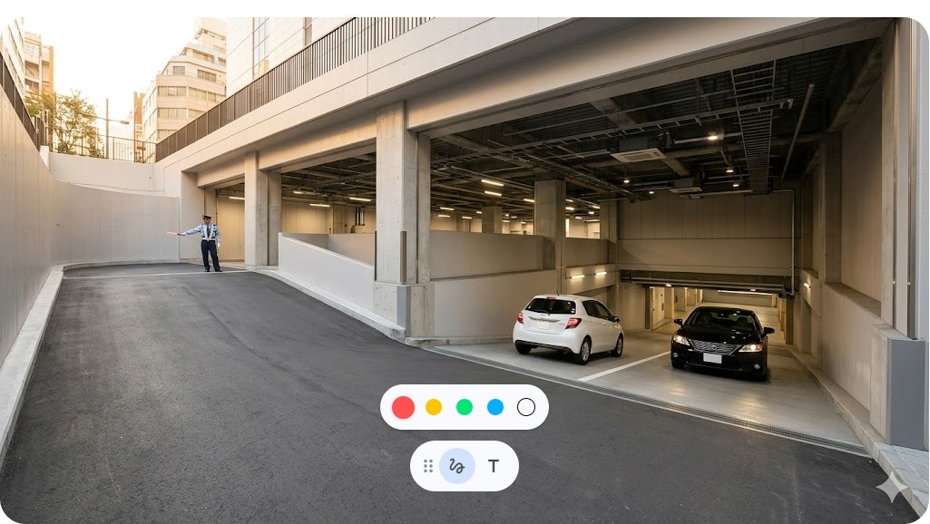 サンシャインパーキングの地下入り口スロープと誘導する警備員、スロープを下る白い車と黒い車