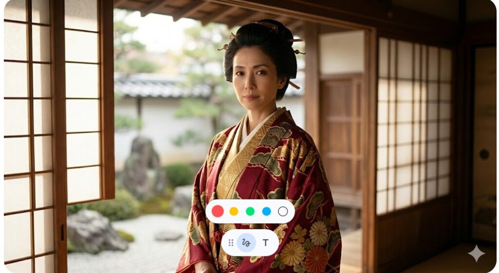 戦国時代の華やかな着物を着て畳の部屋に佇む日本人女性