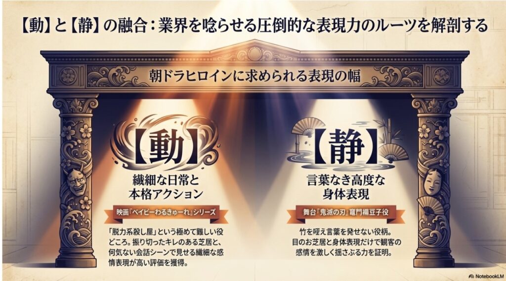 映画「ベイビーわるきゅーれ」のアクションと舞台「鬼滅の刃」の身体表現を解説する図解