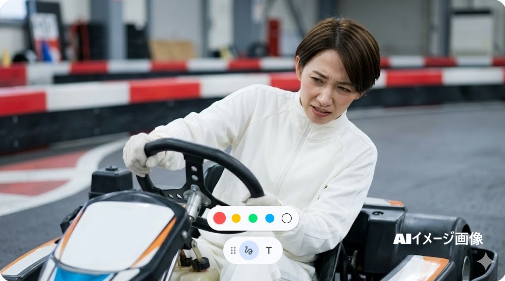 ゴーカートのハンドルを必死に操る谷口愛季さんのイメージ画像