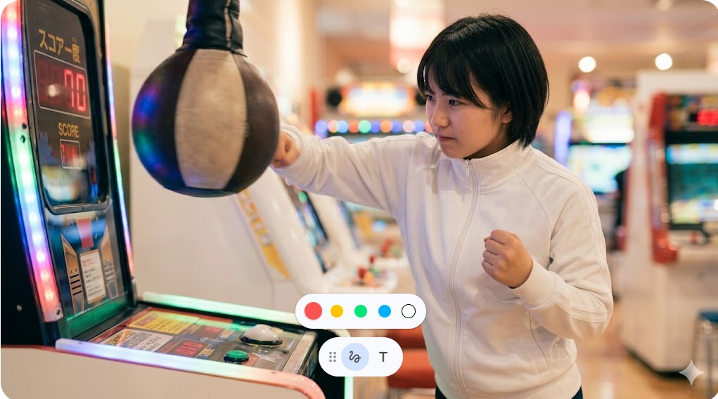 ゲームセンターのボクシングバッグ型パンチングマシンを真剣に叩き、納得のいかない表情の谷口愛季さん