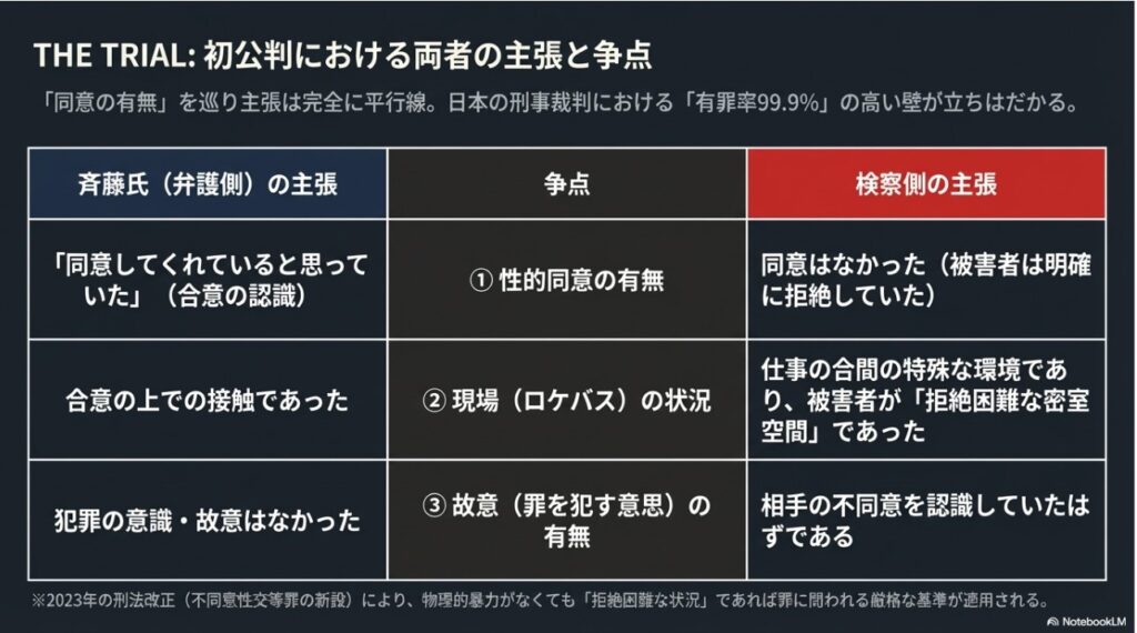 斉藤慎二さんの初公判における弁護側と検察側の主張と争点の比較表