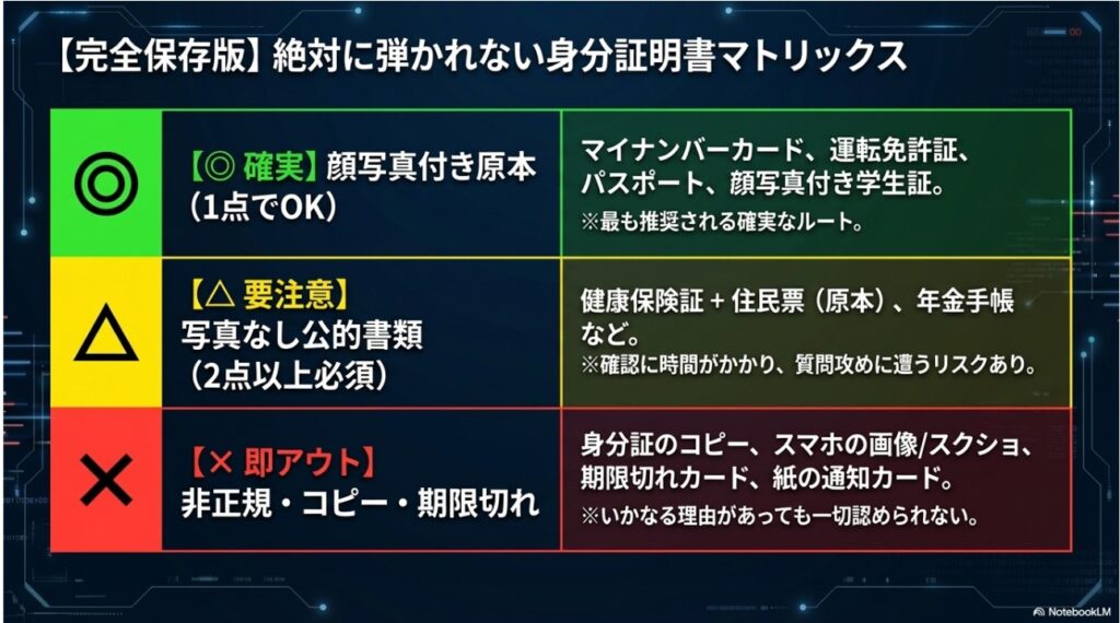 確実に通る顔写真付き原本、要注意な写真なし書類、即アウトな非正規書類を色分けしたマトリックス表。