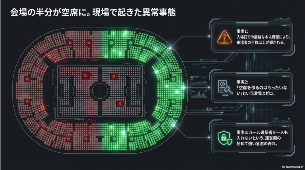 会場の座席が半分以上空席となり、運営側のルール遵守に対する強い意志を示すインフォグラフィック。