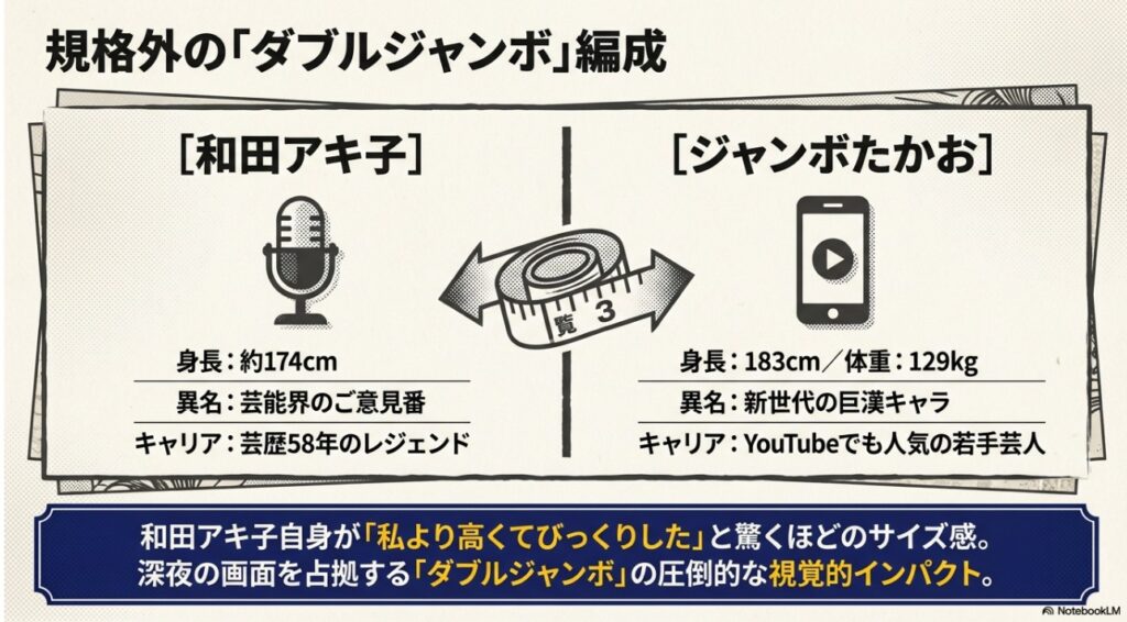 和田アキ子とジャンボたかおの身長・体重・経歴を比較したインフォグラフィック