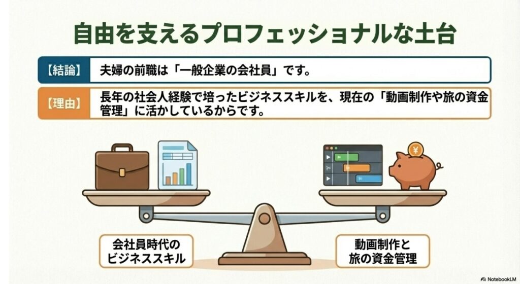 会社員時代のビジネススキルを動画制作や資金管理に活かすプロフェッショナルな土台の図