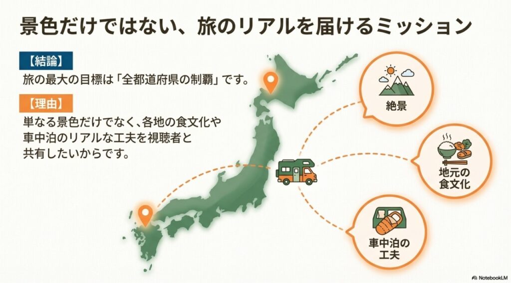 全都道府県制覇を目指す旅の目的と視聴者に届ける3つのミッションの図解