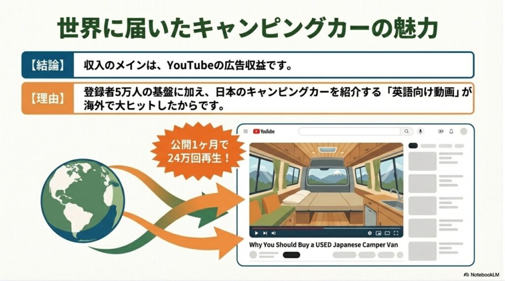 海外でヒットしたキャンピングカー紹介動画の再生数とYouTube広告収益の図解
