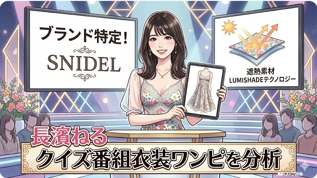 長濱ねるさんがクイズ番組で着用していた遮熱素材ワンピースのブランド特定と素材分析を解説する日本人女性のイラスト。