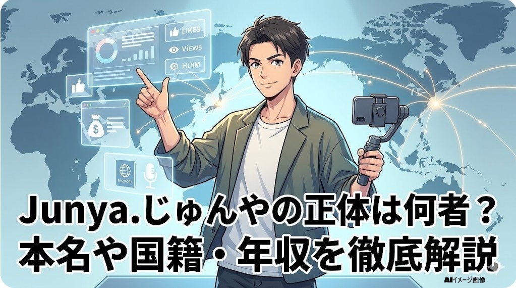 世界地図を背景に自信に満ちた日本人男性クリエイターがポーズをとるイラスト。ホログラムアイコンでJunya.じゅんやの正体、本名、年収を表現。
