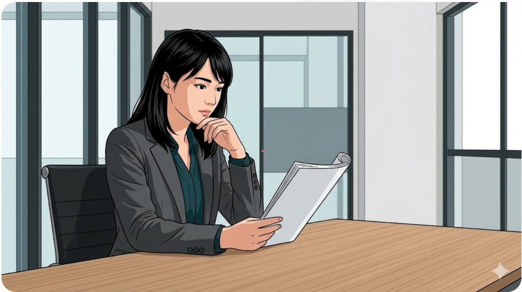 オフィスで真剣な表情で台本を読み込む、知的な雰囲気の日本人俳優