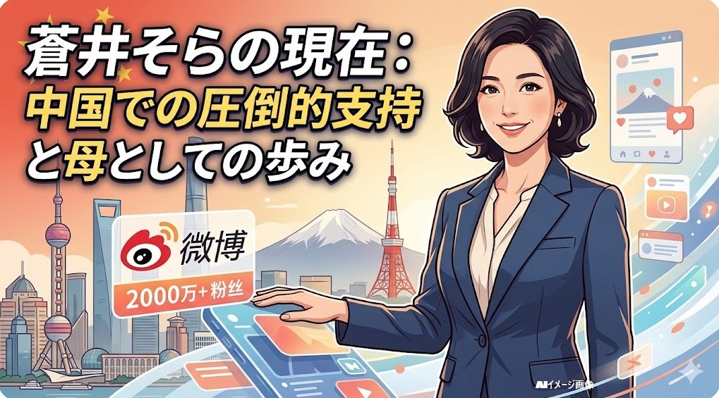 中国Weiboで2000万人以上のフォロワーを持つ、自信に満ちた日本人タレントのイラスト。蒼井そらの現在と中国での圧倒的支持、母としての歩みを表現。