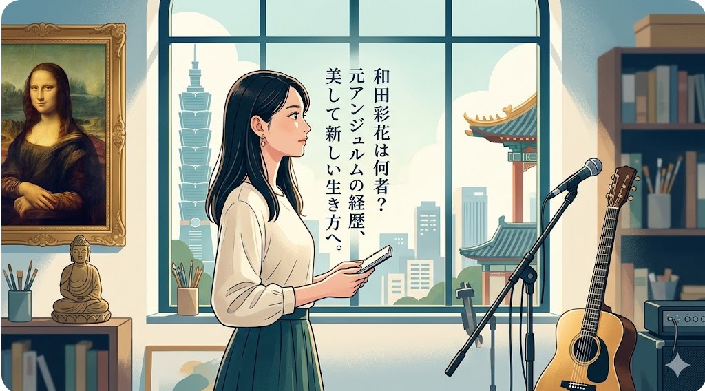 アート、音楽、台湾の要素に囲まれ、窓の外を見つめる日本人女性のイラスト。和田彩花は何者か、元アンジュルムの経歴を表現。