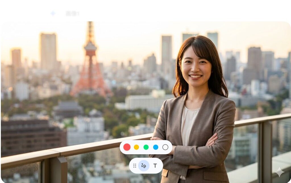 夕暮れの東京タワーを背景に、自信に満ちた笑顔で立つ日本人女性