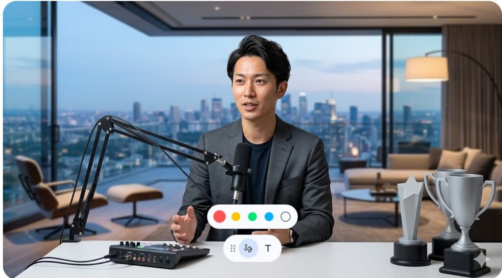 夜景の見える部屋でマイクに向かい対談する日本人男性のイメージ画像