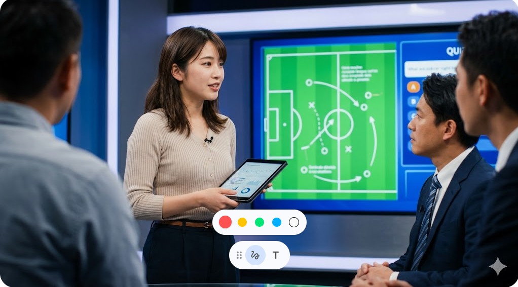 テレビ番組のスタジオでタブレットを手にサッカーの戦術を解説する女性