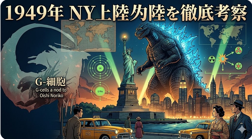 1949年のニューヨークに現れたゴジラと自由の女神のイラスト。日本人男女が街角から見上げる様子やG細胞の解説図を含み、ゴジラNY上陸の謎を考察する。