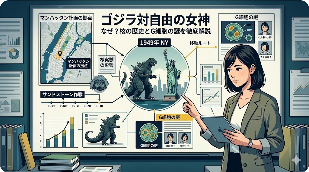 ホワイトボードで1949年ニューヨークのゴジラ出現とG細胞の謎を解説する日本人女性。自由の女神と核の歴史を考察するイラスト。