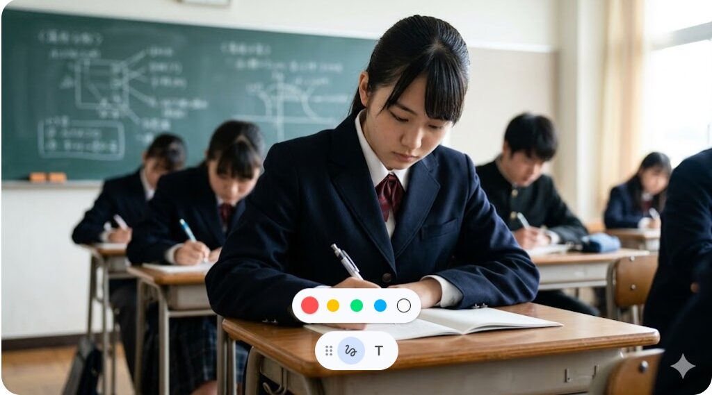 名門進学校の教室でノートにペンを走らせる真剣な表情の女子高校生