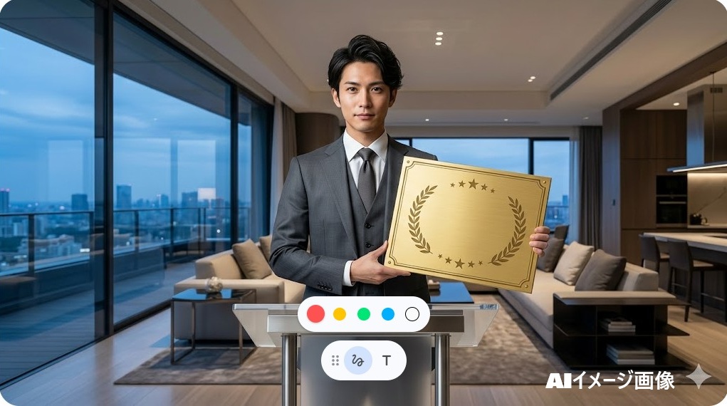 豪華な部屋で成功の盾を持つ日本人男性のイメージ画像