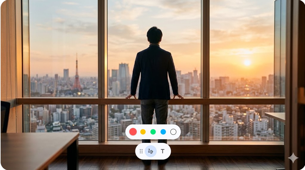 美しい夕暮れ時の都市を窓から見つめる日本人男性の背中。達成感と次世代への希望を感じさせる、Contemplative(熟考する)な雰囲気を演出している。